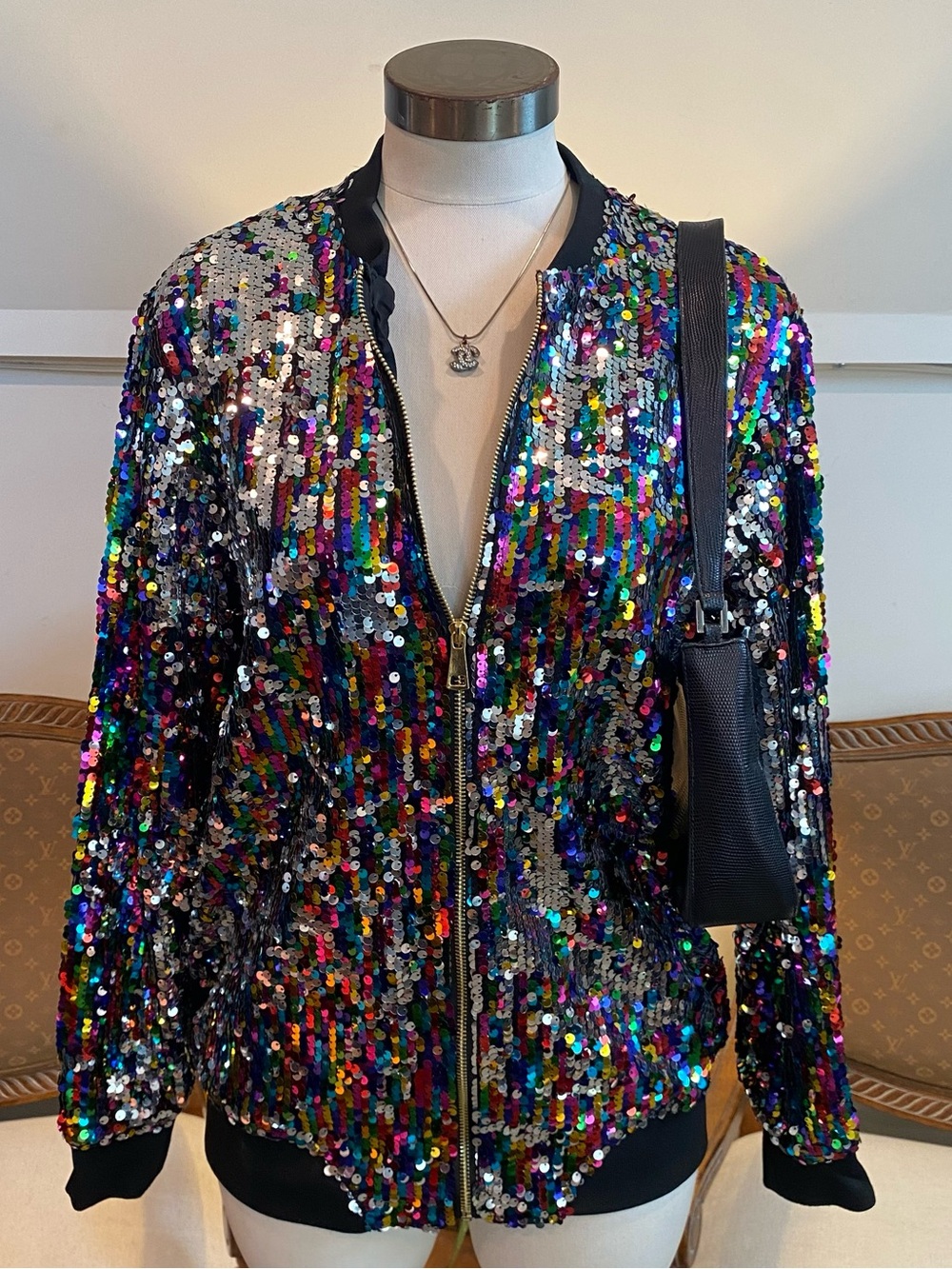 FABULOUS Multicolor Sequin Bomber Jacket, Size Large
